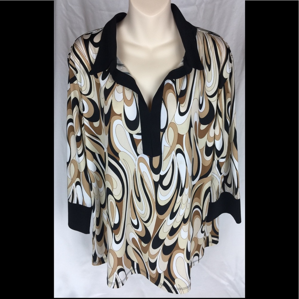 JTB Women’s Plus Sz 2X Abstract Blouse Black & Brown NEW